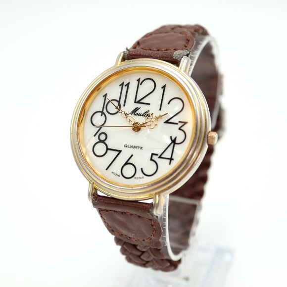 Vintage Moulin MOP Watch 42mm Gold Tone Brown Weave Leather with New Battery - Picture 1 of 16